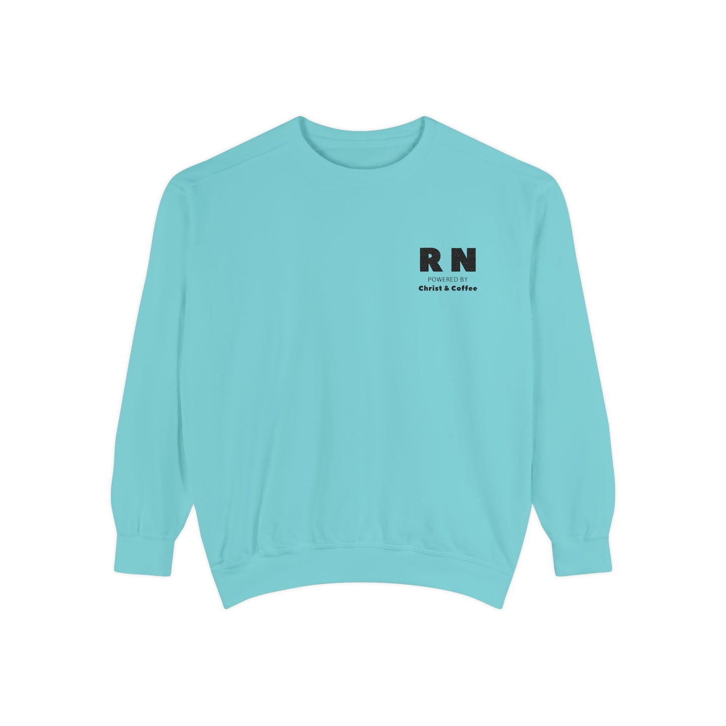 RN Powered By Christ & Coffee Sweatshirt, Gift for Nurses Embroidered Design