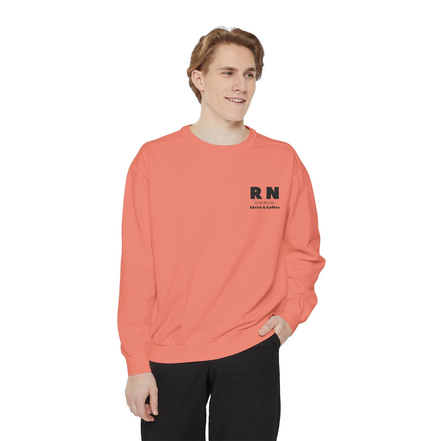 RN Powered By Christ & Coffee Sweatshirt, Gift for Nurses Embroidered Design