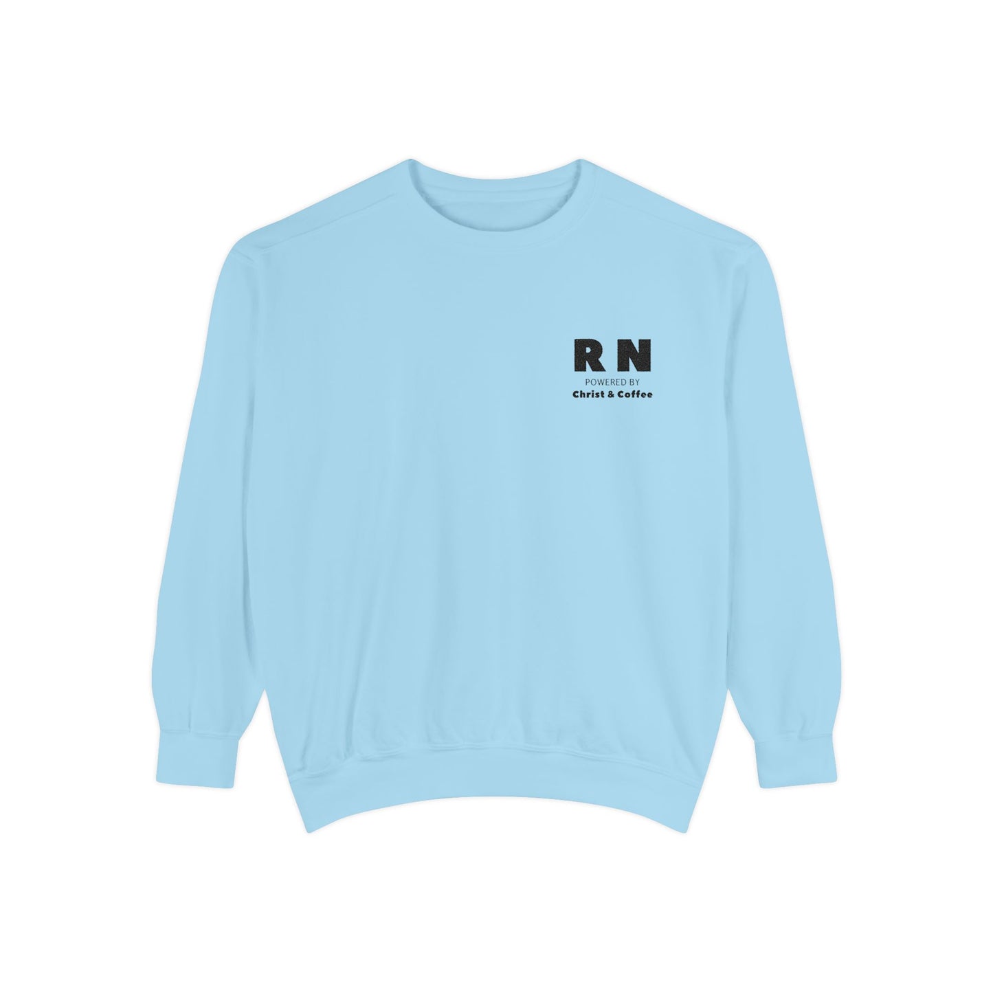 RN Powered By Christ & Coffee Sweatshirt, Gift for Nurses Embroidered Design