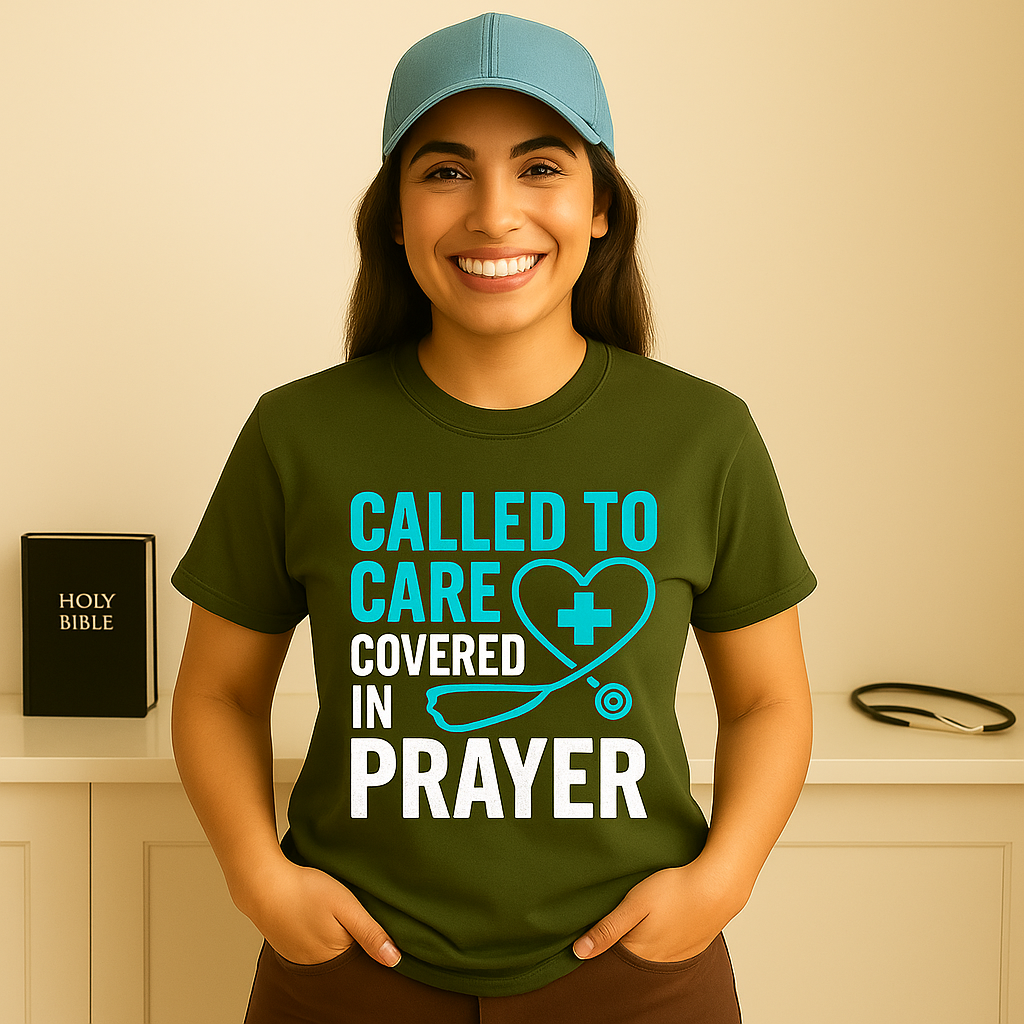 Christian Nurse Tee with prayerful message on soft cotton tee