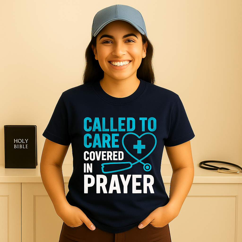 Christian Nurse Tee with prayerful message on soft cotton tee