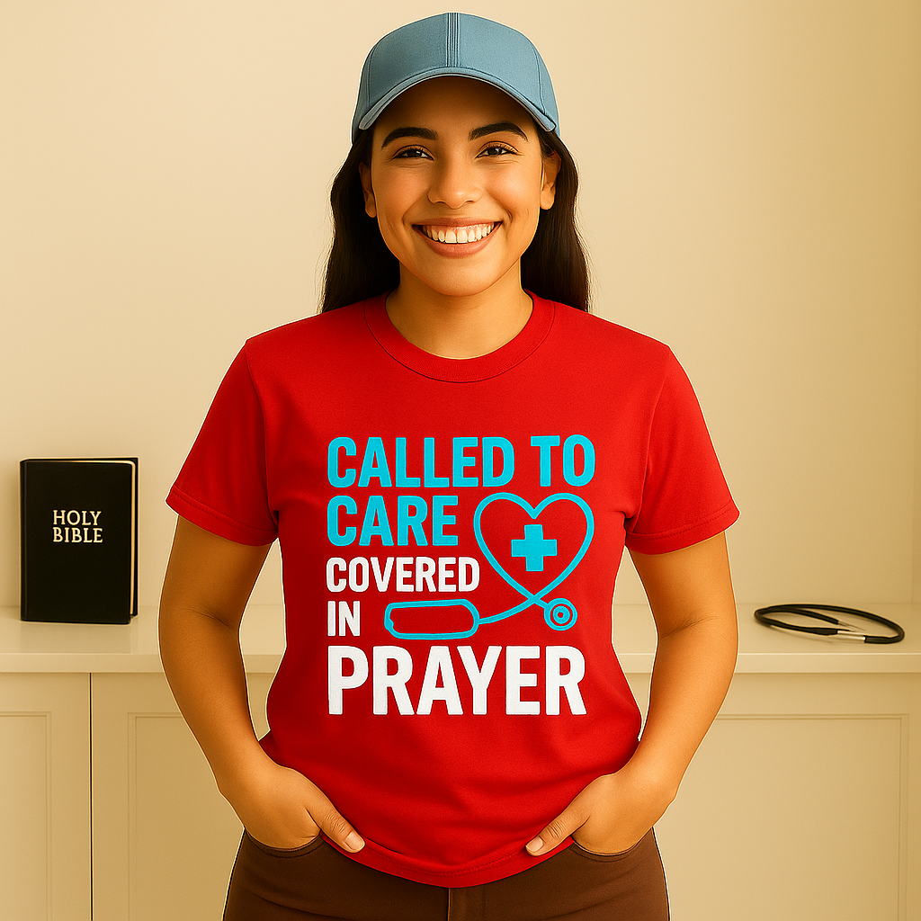Christian Nurse Tee with prayerful message on soft cotton tee
