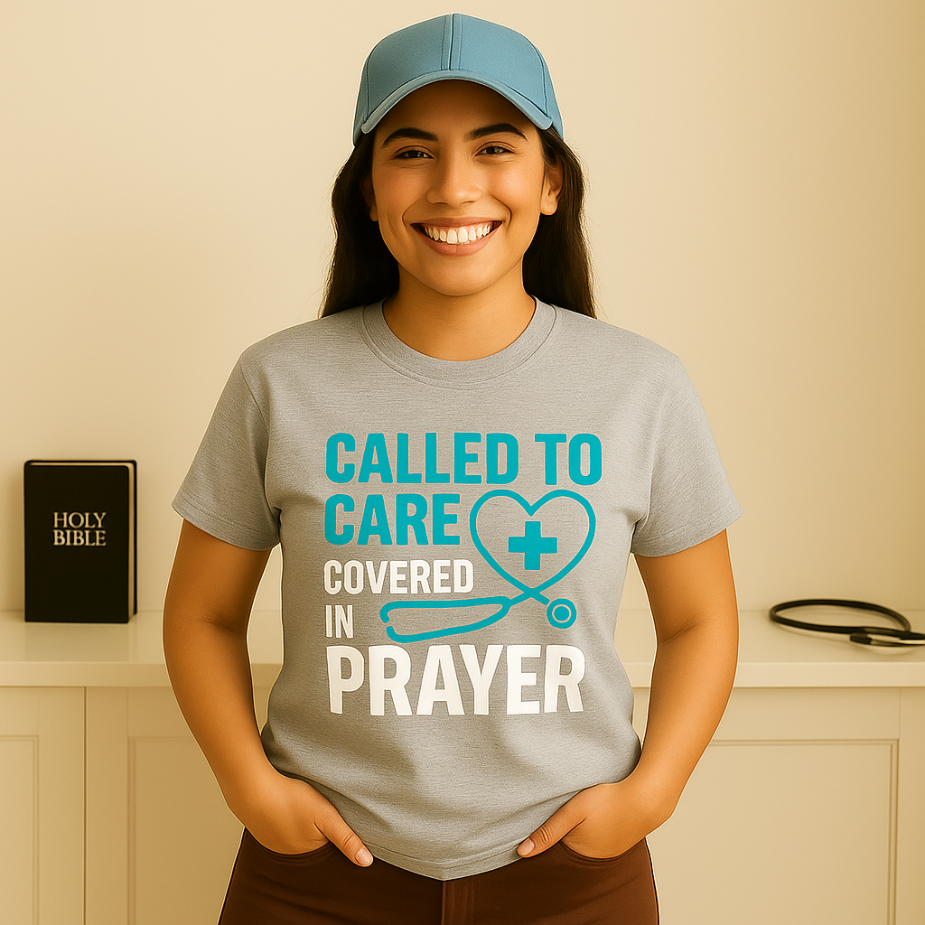 Christian Nurse Tee with prayerful message on soft cotton tee