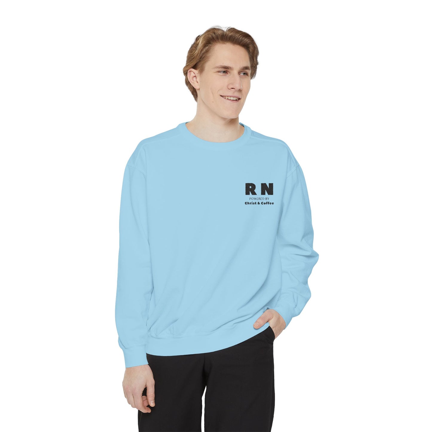RN Powered By Christ & Coffee Sweatshirt, Gift for Nurses Embroidered Design