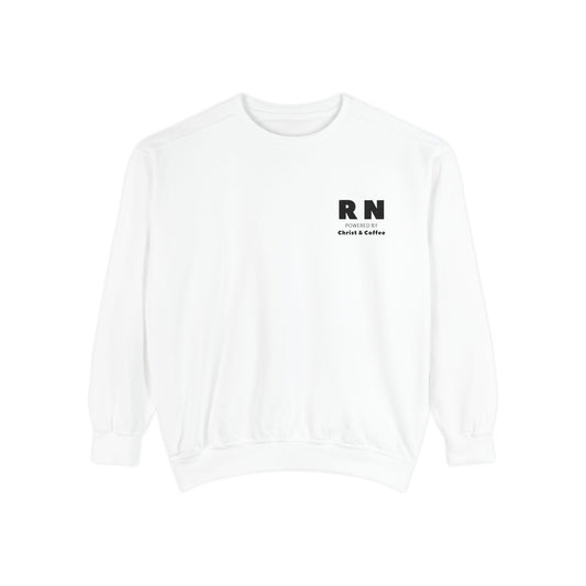 RN Powered By Christ & Coffee Sweatshirt, Gift for Nurses Embroidered Design