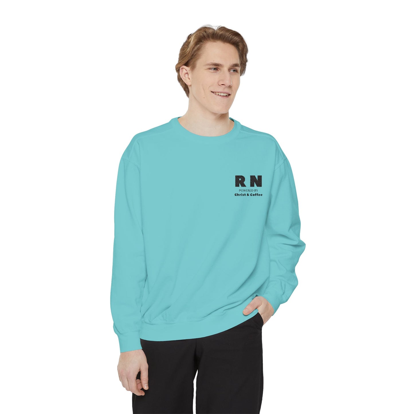 RN Powered By Christ & Coffee Sweatshirt, Gift for Nurses Embroidered Design