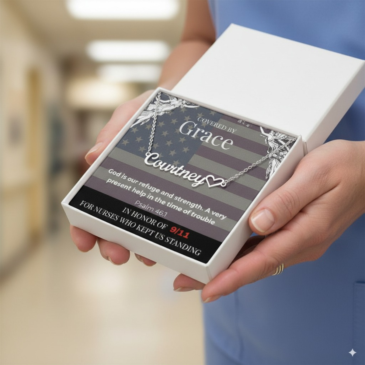 Covered by Grace Personalized Name Necklace – Psalm 46:1 Tribute for Nurses (9/11 Edition)