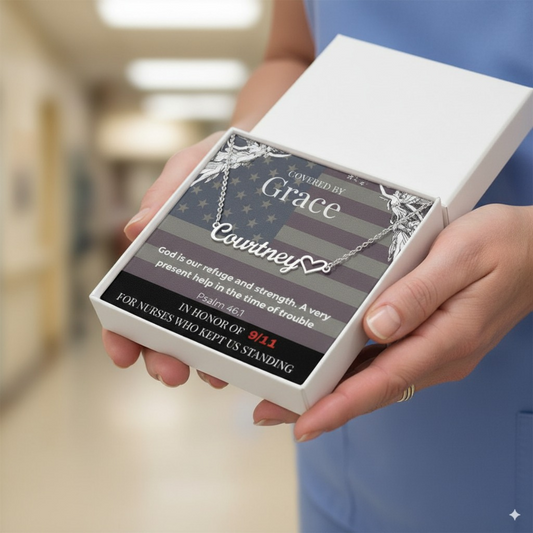 Covered by Grace Personalized Name Necklace – Psalm 46:1 Tribute for Nurses (9/11 Edition)