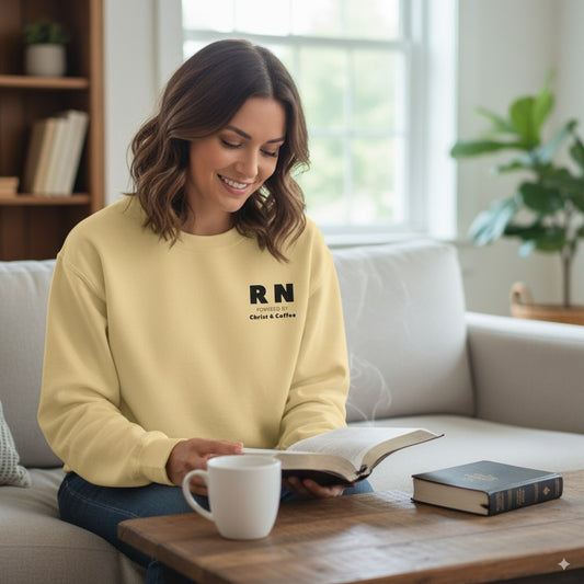 RN Powered By Christ & Coffee Sweatshirt, Gift for Nurses Embroidered Design